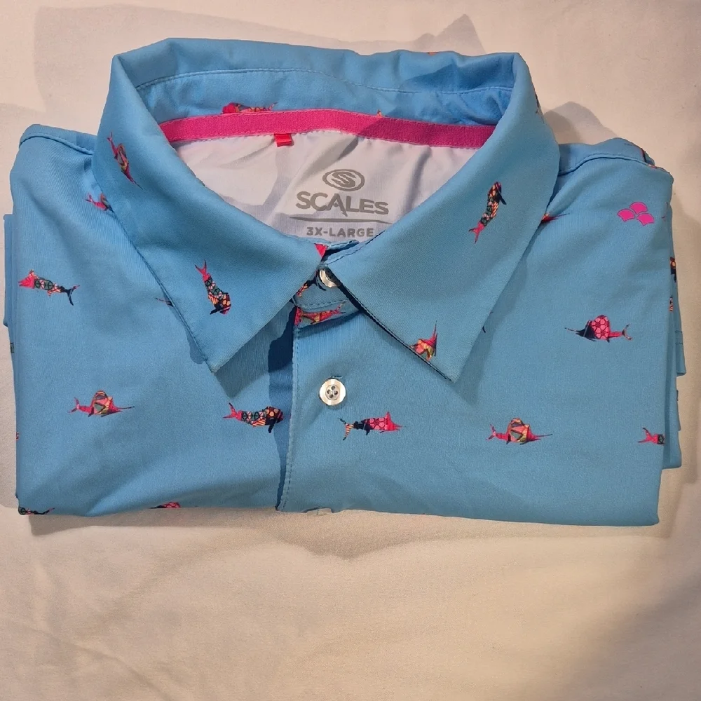 SCALES 3X Golf Polo Short Sleeve Shirt Blue and Pink Tropical Fish Pattern - Picture 14 of 16